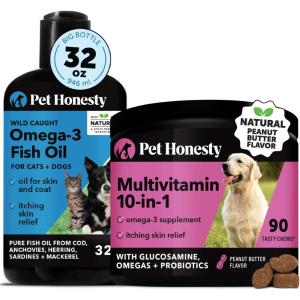 imageOmega 3 Fish Oil ampamp Multivitamin Bundle Wild Caught Omega 3 Supplement ampamp Dog Vitamins with Glucosamine for Skin and Coat 32oz ampamp Peanut Butter 90 ct